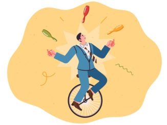 business man juggling on a unicycle