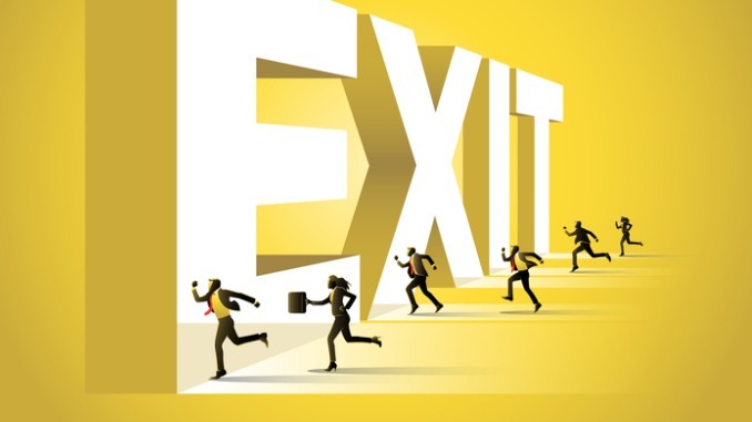 Business People Running Towards Exit Word