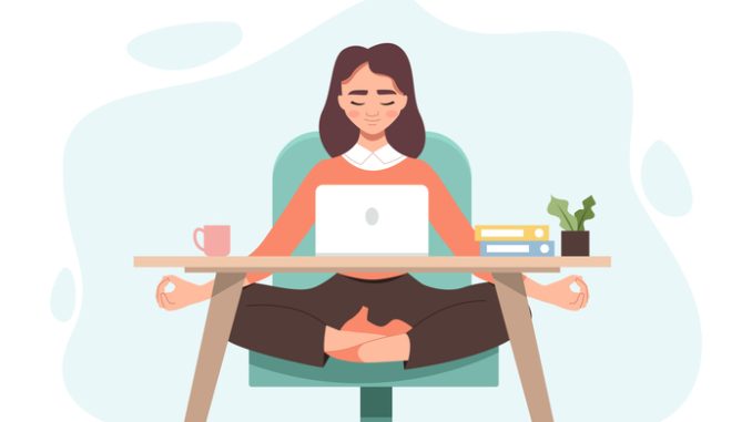 Business Woman Meditating. Employee Meditating and Relaxing in Office in Yoga Pose