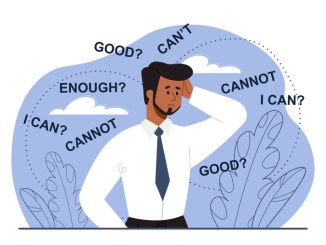 Young male entrepreneur with low self esteem feels insecure when making decisions. Negative thinking and mental problems.