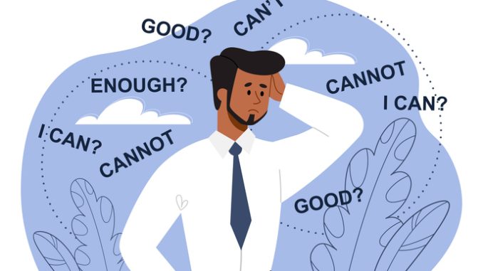 Young male entrepreneur with low self esteem feels insecure when making decisions. Negative thinking and mental problems.