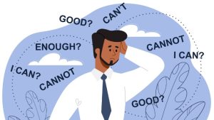 Young male entrepreneur with low self esteem feels insecure when making decisions. Negative thinking and mental problems.