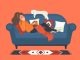 Flu. Ill woman lays on sofa at home and blowing her nose.