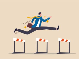 Success to win in business competition, overcome obstacles or motivation to solve problem and lead company achievement concept, confident businessman leader jump high over 3 hurdles to be winner.