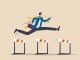Success to win in business competition, overcome obstacles or motivation to solve problem and lead company achievement concept, confident businessman leader jump high over 3 hurdles to be winner.