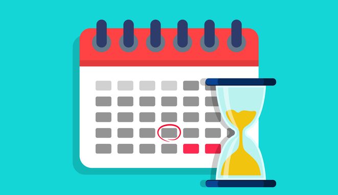 Deadline on calendar with hourglass. Plan of project with time on clock. Icon of schedule with hourglass. Concept of countdown, management and reminder. Duration of time to deadline. Vector
