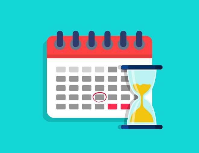Deadline on calendar with hourglass. Plan of project with time on clock. Icon of schedule with hourglass. Concept of countdown, management and reminder. Duration of time to deadline. Vector
