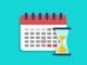 Deadline on calendar with hourglass. Plan of project with time on clock. Icon of schedule with hourglass. Concept of countdown, management and reminder. Duration of time to deadline. Vector