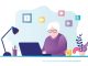Old business woman works on computer