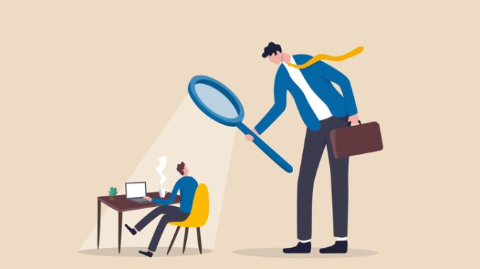 Micromanaging boss, toxic manager monitoring every details, excessive supervision and control of employee work and processes, micromanager boss using magnifying glass keep looking at employee working