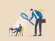 Micromanaging boss, toxic manager monitoring every details, excessive supervision and control of employee work and processes, micromanager boss using magnifying glass keep looking at employee working
