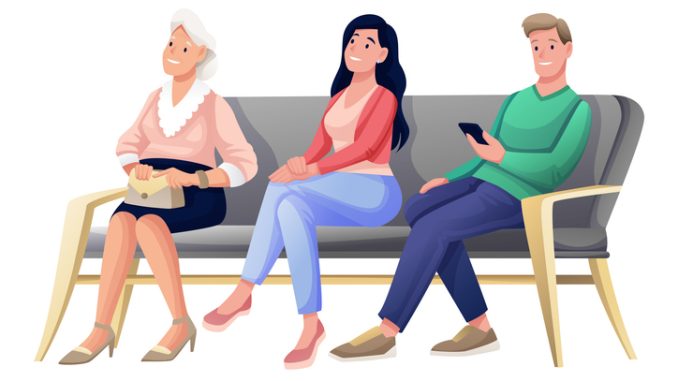 Queue of patients sit on chair, young man, old woman and girl waiting doctors appointment