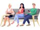 Queue of patients sit on chair, young man, old woman and girl waiting doctors appointment