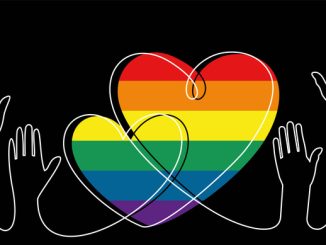 Continuous one line drawing of hands and hearts with LGBT flag color,