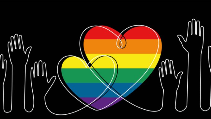 Continuous one line drawing of hands and hearts with LGBT flag color, 