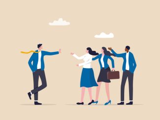 Assertive communication for leadership, behavior to compromise to solve problem without aggressive or passive acceptance concept, businessman leader with calmness stop gesture to manage employees.