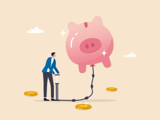 Saving or investment growth, money or financial deposit, wealth building, revenue increase or income, earning or profit, rich and prosperity concept, businessman inflate piggy bank to be bigger.