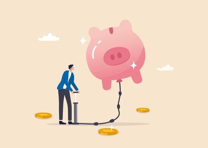 Saving or investment growth, money or financial deposit, wealth building, revenue increase or income, earning or profit, rich and prosperity concept, businessman inflate piggy bank to be bigger.