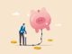 Saving or investment growth, money or financial deposit, wealth building, revenue increase or income, earning or profit, rich and prosperity concept, businessman inflate piggy bank to be bigger.