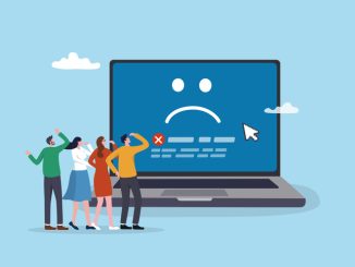 Computer outage, error or failure causing by software update mistake, operating system crash or cyber attack, server down or technical issue concept, people victims looking at computer laptop outage.