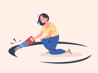 Self sabotage. Woman with saw sawing hole in floor