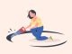 Self sabotage. Woman with saw sawing hole in floor