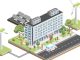Isometric building of hospital with solar panels and wind turbines.