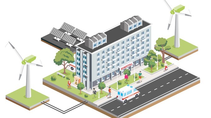 Isometric building of hospital with solar panels and wind turbines.