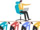 Leader manager standing on red office chair and giving command, group team work together to raise office chair,