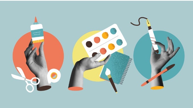 Diversity hobbies and leisure, hands in retro collage vector