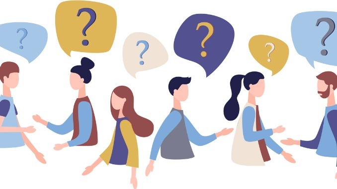 Group of people talking. People around question marks. Question answer metaphor