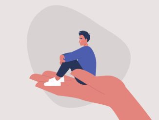 A young male character sitting on a hand palm, psychotherapy, help and support, a counseling session