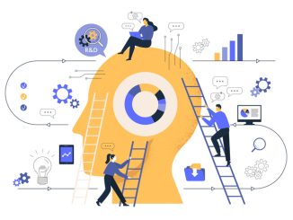 Сreative of business graphics, the company is engaged in joint search for ideas, abstract person's head, filled with ideas of thought and analytics, replacing old with new. Vector illustration.