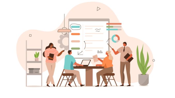 People Characters Meeting in Conference Room and Planning 
