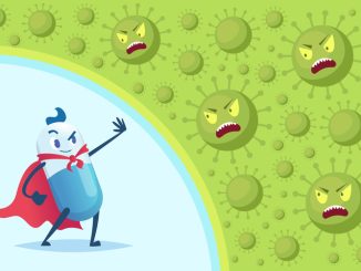 Virus protection background. Strong antibiotic fight bacteria medicine vitamins medical treatment exact vector concept picture