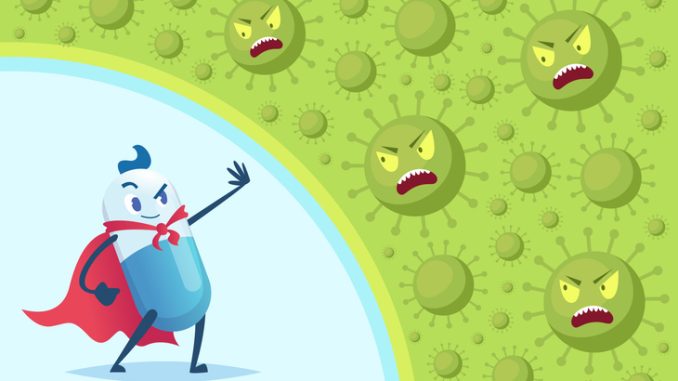 Virus protection background. Strong antibiotic fight bacteria medicine vitamins medical treatment exact vector concept picture