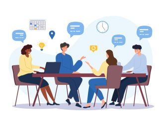 Business communication concept. Group of employees discussing idea at table.