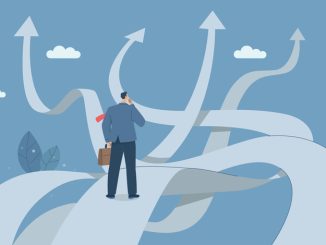 Business decisions or choices, Finding the right direction, Business opportunities or paths to success, Using vision to decide the path ahead, Businessman are choosing a business path. Vector.