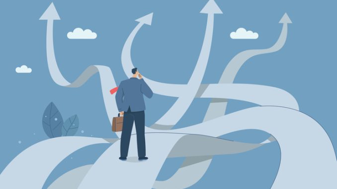 Business decisions or choices, Finding the right direction, Business opportunities or paths to success, Using vision to decide the path ahead, Businessman are choosing a business path. Vector.