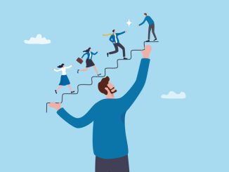 Support employee to reach success and career growth, mentor or coaching help employee engagement, working community, teamwork or career development, businessman manager help colleague growing stair.