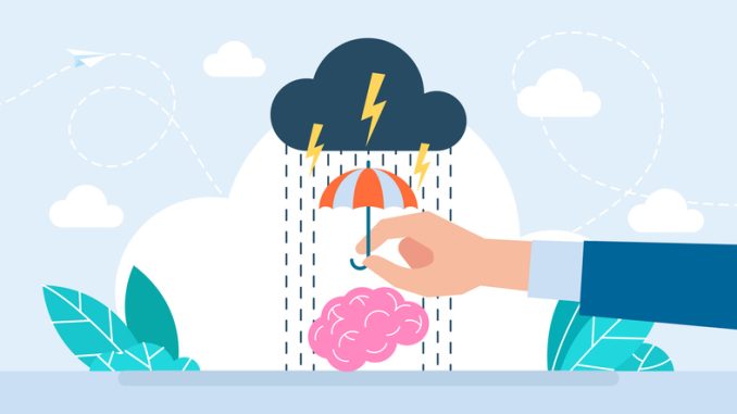 Mental health protection concept, help for depression, anxiety, man using umbrella to protect human brain from storm. 