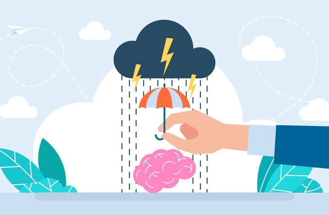 Mental health protection concept, help for depression, anxiety, man using umbrella to protect human brain from storm.