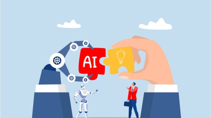 partnership, work together for success, agreement or negotiation, businessmen with ai or Artificial Intelligence robot on growth arrow joining connection agree to work together