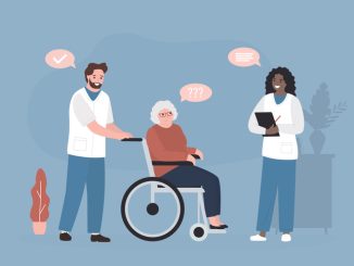 Doctor and nurse in nursing home helping elderly patient. Caregiver carrying wheelchair with senior woman. Long-term care for elderly people concept. volunteer and granny.