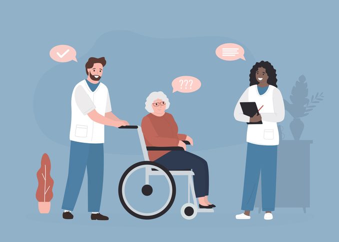 Doctor and nurse in nursing home helping elderly patient. Caregiver carrying wheelchair with senior woman. Long-term care for elderly people concept. volunteer and granny.