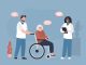 Doctor and nurse in nursing home helping elderly patient. Caregiver carrying wheelchair with senior woman. Long-term care for elderly people concept. volunteer and granny.