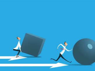 Businessman pushing sphere and leading the race against group other not so lucky guy pushing boxes.
