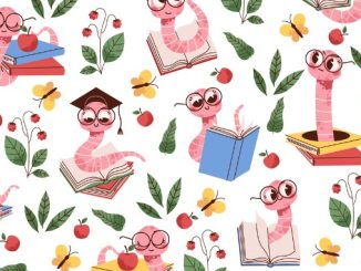Seamless pattern with scientist worm wearing glasses with books.
