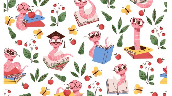 Seamless pattern with scientist worm wearing glasses with books.