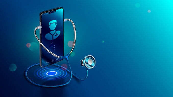 Doctor online concept. Icon Doctor through the phone screen using stethoscope checks health. Online medical clinic communication with patient. Vector isometric illustration.